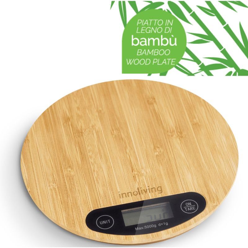 Innoliving Bilancia Digitale da Cucina in Bambu INN-135 con Tagliere 2-in-1 e Design Elegante, Alta Precisione, Funzione Tara, Display LCD, Piattaforma Ampia Rotonda