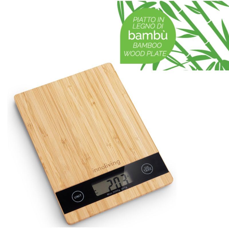 Innoliving Bilancia Digitale da Cucina in Bambu INN-136 con Tagliere 2-in-1 e Design Elegante, Alta Precisione, Funzione Tara, Display LCD, Piattaforma Ampia Rettangolare Piccola