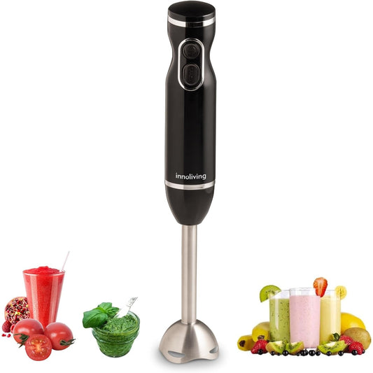 Innoliving Frullatore a Immersione INN-881, Potenza 400W, 2 Velocità con Tasto Turbo, Gambo Removibile, Lame in Acciaio INOX, Anello per Appendere, Potente e Versatile Gambo in Acciaio INOX