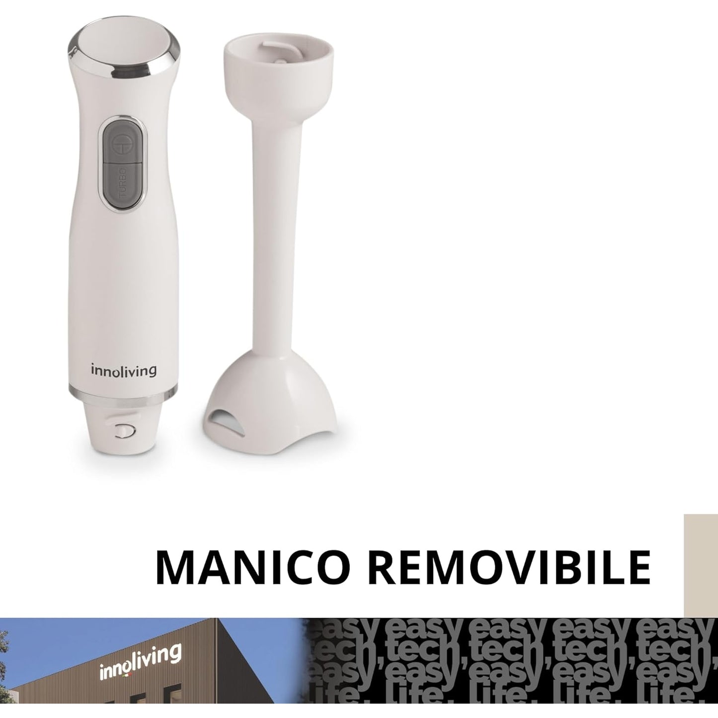 Innoliving Frullatore a Immersione INN-880, Potenza 400W, 2 Velocità con Tasto Turbo, Gambo Removibile, Lame in Acciaio INOX, Anello per Appendere, Potente e Versatile Gambo in Plastica