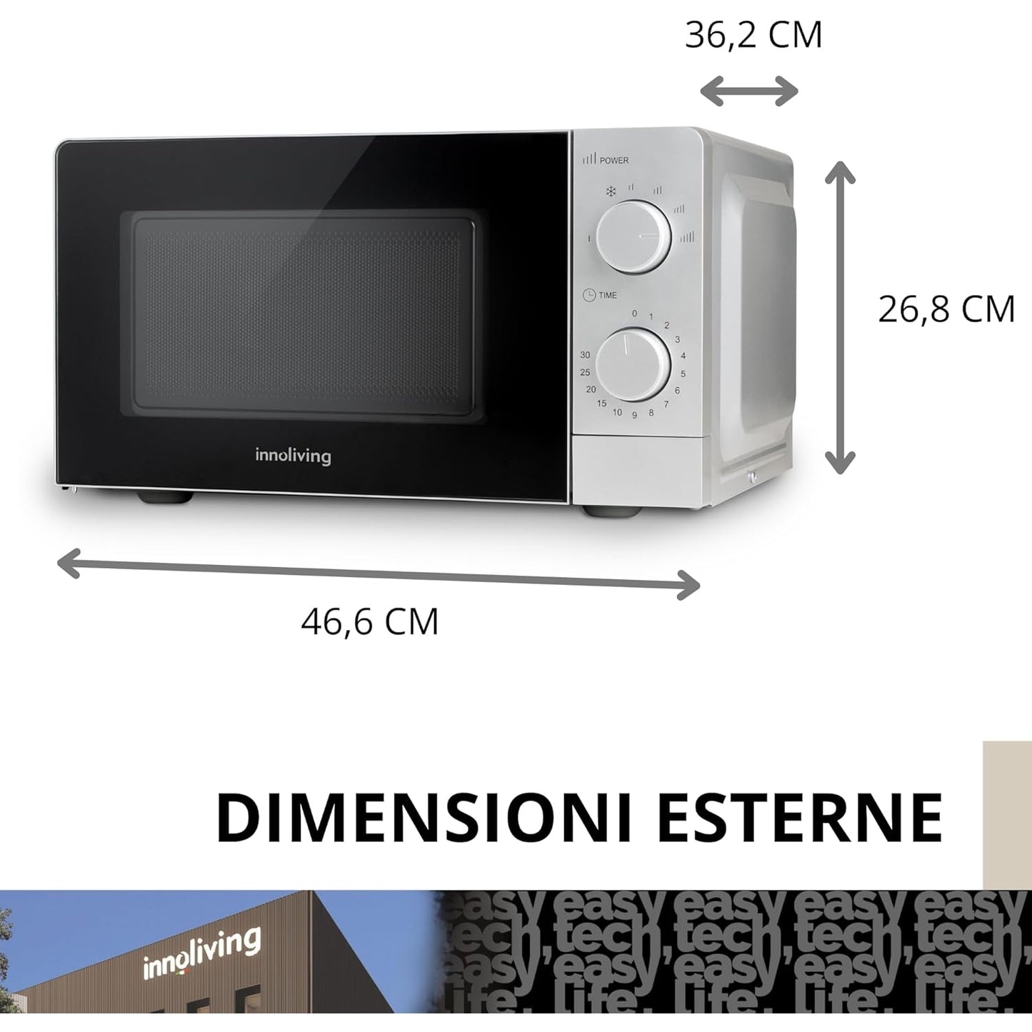 Innoliving Forno a Microonde INN-860 da 20L, 700W, Design Compatto con Funzione Scongelamento e Timer, Facile da Usare, Perfetto per Cucine di Piccole Dimensioni, Design Moderno